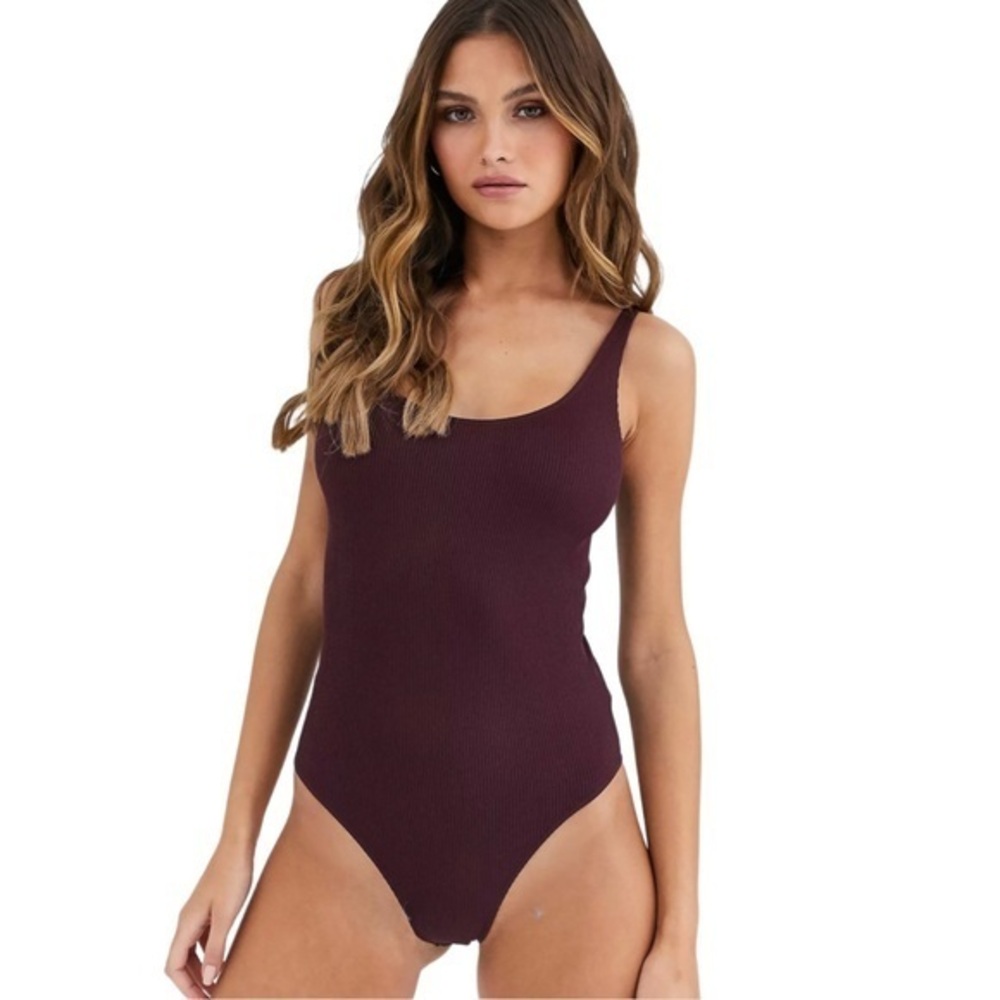 Weekday Cat Ribbed Bodysuit Color Wine